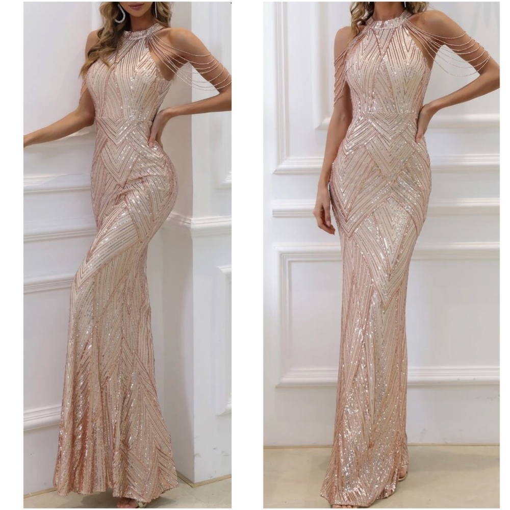 Luxe Sequin Halter Evening Party Wedding Bodycon Gown Dress - Picture 8 of 10